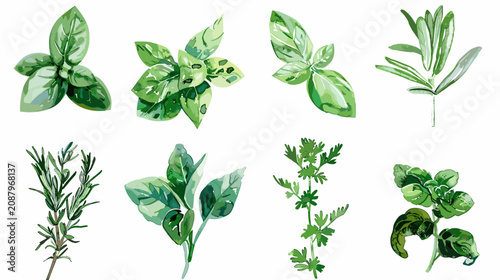 Bilde på lerret Watercolor Botanical Collection Of Culinary Herb Leaves And Sprigs On White Back