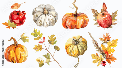 Bild auf Leinwand Watercolor Autumn Harvest Arrangement Featuring Pumpkins Pomegranates Gourds And