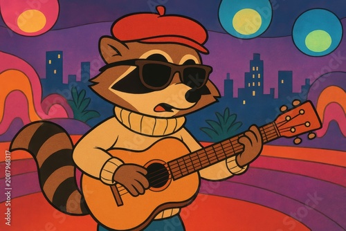 Expressive Raccoon Singing And Playing Guitar In A Vibrant Club