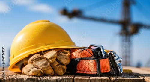 Yellow hard hat, gloves, and safety harness rest on weathered wood