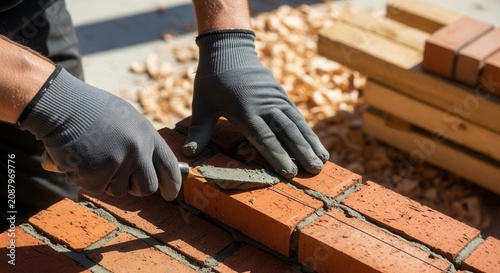 Skilled Hands Crafting A Solid Brick Wall Construction Outdoors