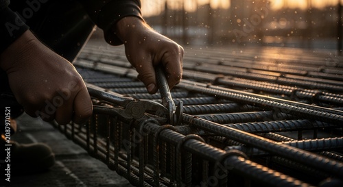 Skilled Hands Crafting Reinforcement Steel for Construction Project at Sunset