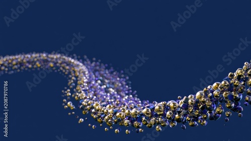 Glistening golden and violet spheres cascade in a fluid, curving stream