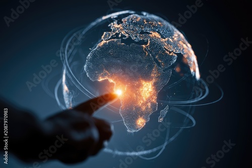 A glowing digital globe with a finger touching a bright point on Africa