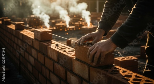 Skilled Hands Laying Bricks Building A Wall In Dramatic Sunset Light