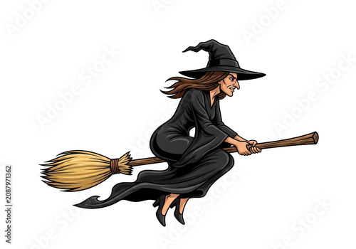Wicked witch flying on broomstick isolated on transparent background png