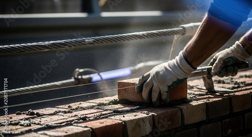 Skilled Hands Laying Bricks During Construction Project
