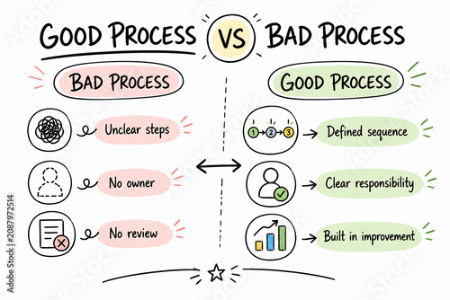 A diagram illustrates the contrast between a bad process, characterized by unclear steps, no owner, and no review, versus a good process with defined sequence, clear responsibility, and built-in impro
