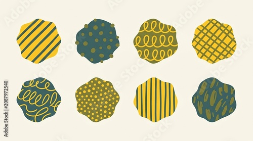 A collection of stylized shapes featuring various patterns in green and yellow tones against a light background