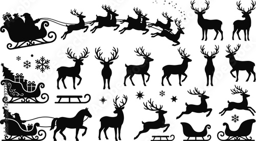 Фотография Black and white holiday deer and sleigh vector icons