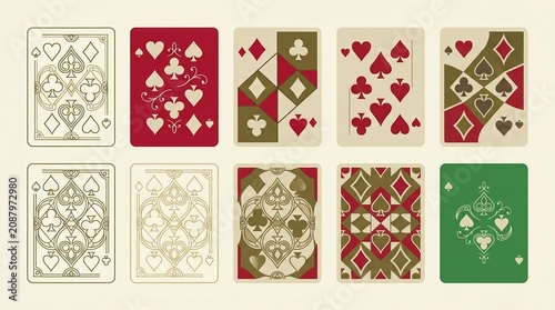 A collection of vintage playing cards featuring decorative patterns in red and green colors set against a neutral background