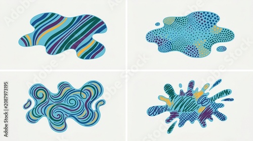 Colorful abstract patterns in blue tones with intricate designs and shapes on a light background