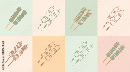 Colorful geometric illustration of skewered food items displayed in a grid format with pastel backgrounds