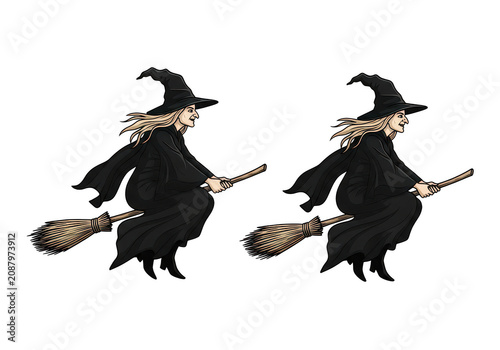 Two cartoon witches flying on brooms isolated on transparent background png