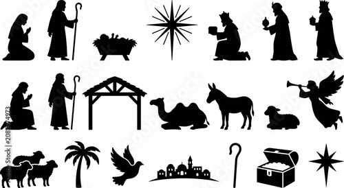 Tableau sur toile Christmas nativity scene silhouettes collection holy family three wise men and a