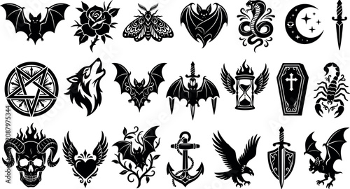 Obraz na płótnie Gothic tattoo flash silhouettes collection mystical occult emblems and black vec