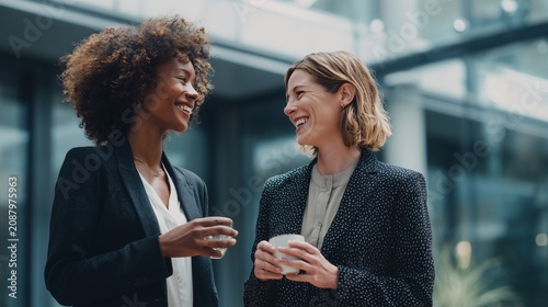 Diverse businesswomen sharing a friendly coffee break, discussing and laughing outdoors, fostering strong professional relationships and positive workplace culture