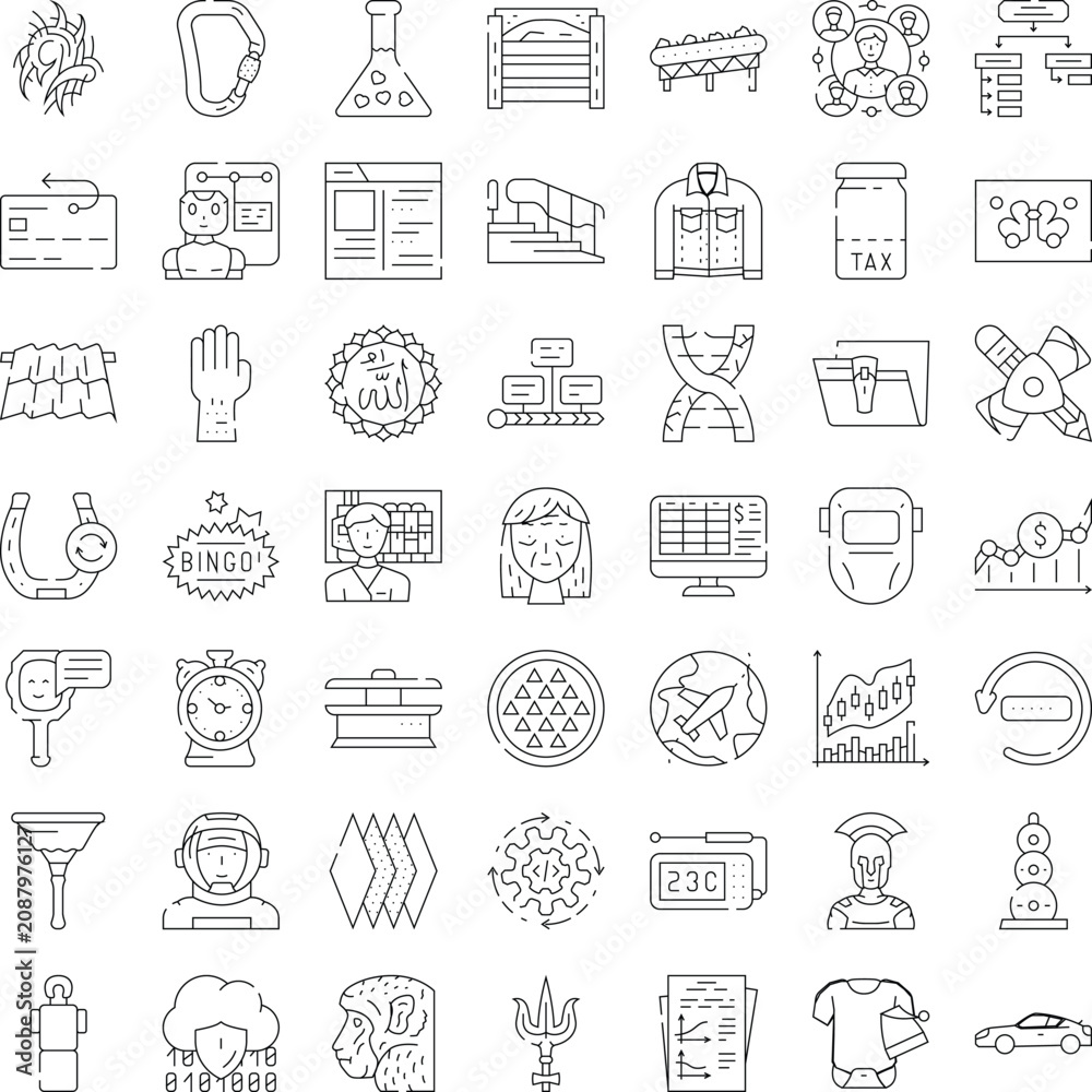 Fototapeta premium Large collection of line art icons depicting diverse concepts including science, business, technology, finance, travel, nature, health, and human elements