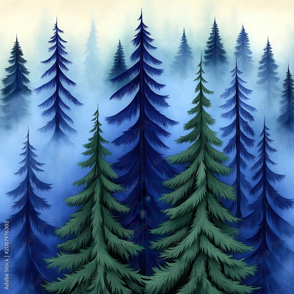 Fototapeta premium Misty Blue And Green Forest Digital Painting