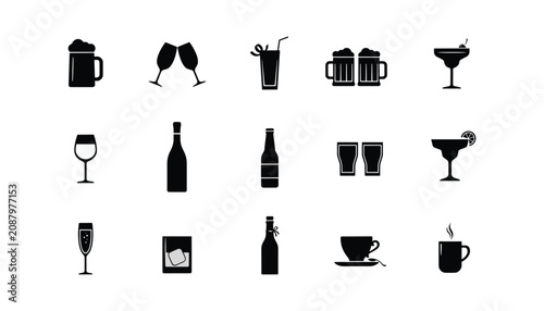 Foto Black and white of various alcoholic and non alcoholic beverages wine beer cocktail coffee vector illustration isolated on white background