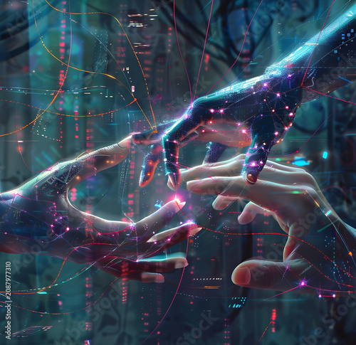 Futuristic Cybernetic Hand Reaching To Connect With Real Human Hand