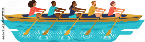 Diverse group of people rowing together on a boat on water  team sport