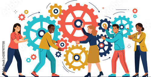 Diverse group of people working together with colorful gear mechanisms in teamwork concept