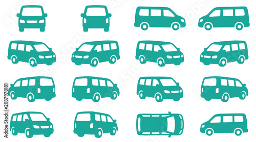 Set of sixteen teal van and car icons showing multiple angles including front, side, rear, and top views for mapping and GPS tracking applications on a white background.