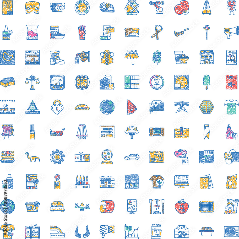 Fototapeta premium Large collection of diverse hand drawn style icons communicating various concepts including technology, nature, food, tools, and everyday objects, all rendered with a vibrant, playful aesthetic