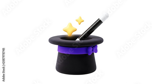 3D Render of a Magician Top Hat with Magic Wand and Stars