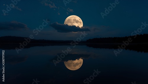 Beautiful Night Landscape with Half Cloudy Moon Reflection on Calm Water Under a Starry Sky