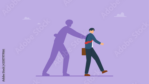 Schilderij op canvas Fearful businessman being push by his shadow self to success