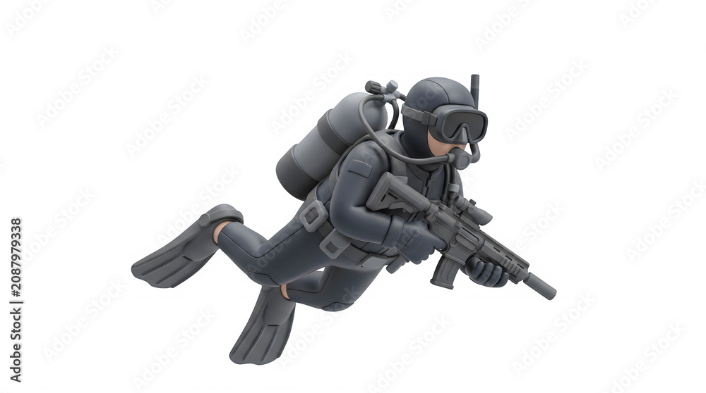 Fototapeta premium Stylized 3D Tactical Frogman Scuba Diver with Assault Rifle