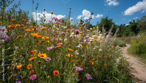 Vibrant wildflower garden with colorful blooming flowers, lush green foliage, winding paths, blue sky and peaceful natural landscape in spring and summer