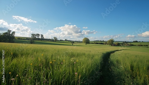Serene rural countryside landscape with lush green meadow, rolling hills, colorful wildflowers, winding dirt path, farmhouse and sunny blue sky