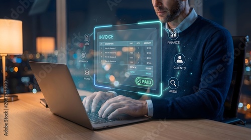Digital invoice automation concept featuring financial analyst managing virtual billing dashboard for enterprise accounting compliance