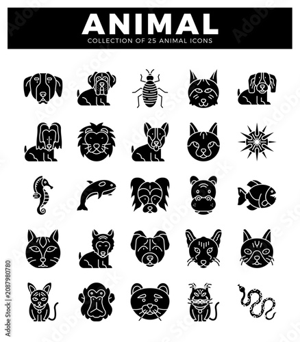 Canvas Print diverse animal icons in black silhouettes on a white background