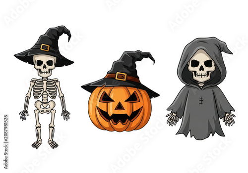 Cute cartoon Halloween characters isolated on transparent background png