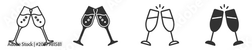 Photos clinking champagne glasses icon set, vector celebration and party symbols on tra