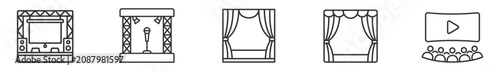 Konstfotografi theater stage microphone curtains and audience icons line art set on transparent