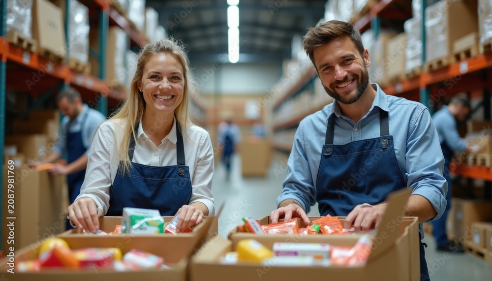 Fototapeta premium Man, woman pack food products into brown cardboard boxes at warehouse. Smiling workers wear aprons in distribution center. People prepare grocery parcels for shipping. Shelves with goods visible in