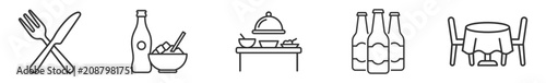 Fotografie set of outline icons for food and dining including fork and knife, bottle with b