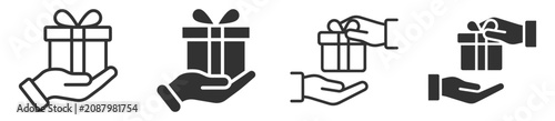 Photos gift box with bow held by hand icon set on transparent background