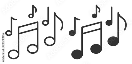 Photography musical notes icon set vector illustration of outlines and filled design on tran