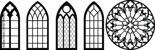 Gothic window silhouettes and rose window black vector illustration