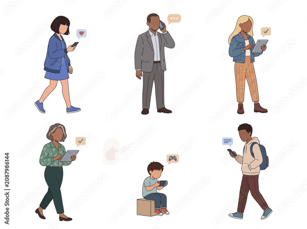 Fototapeta premium Diverse group of people using modern digital devices like smartphones and tablets for communication and gaming in flat style