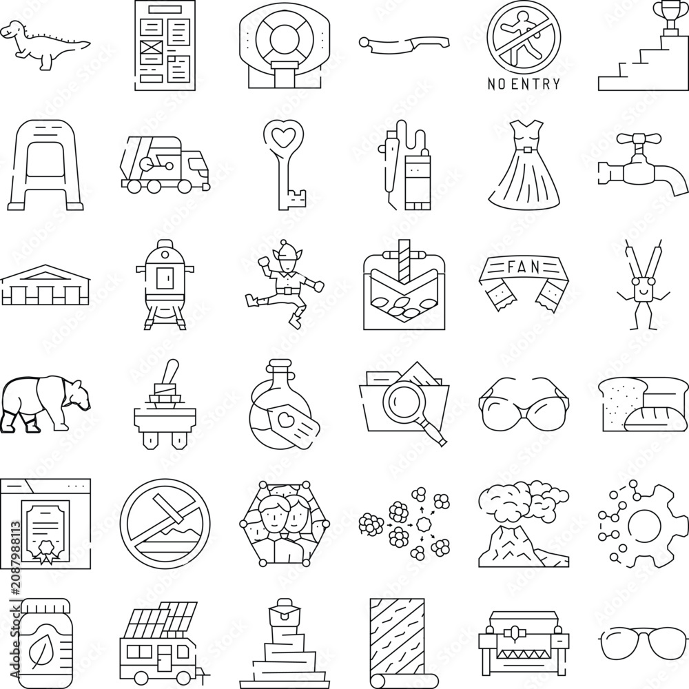 Fototapeta premium Diverse set of linear icons depicting a wide range of objects, symbols, and concepts, suitable for design elements, illustrations, and user interface applications
