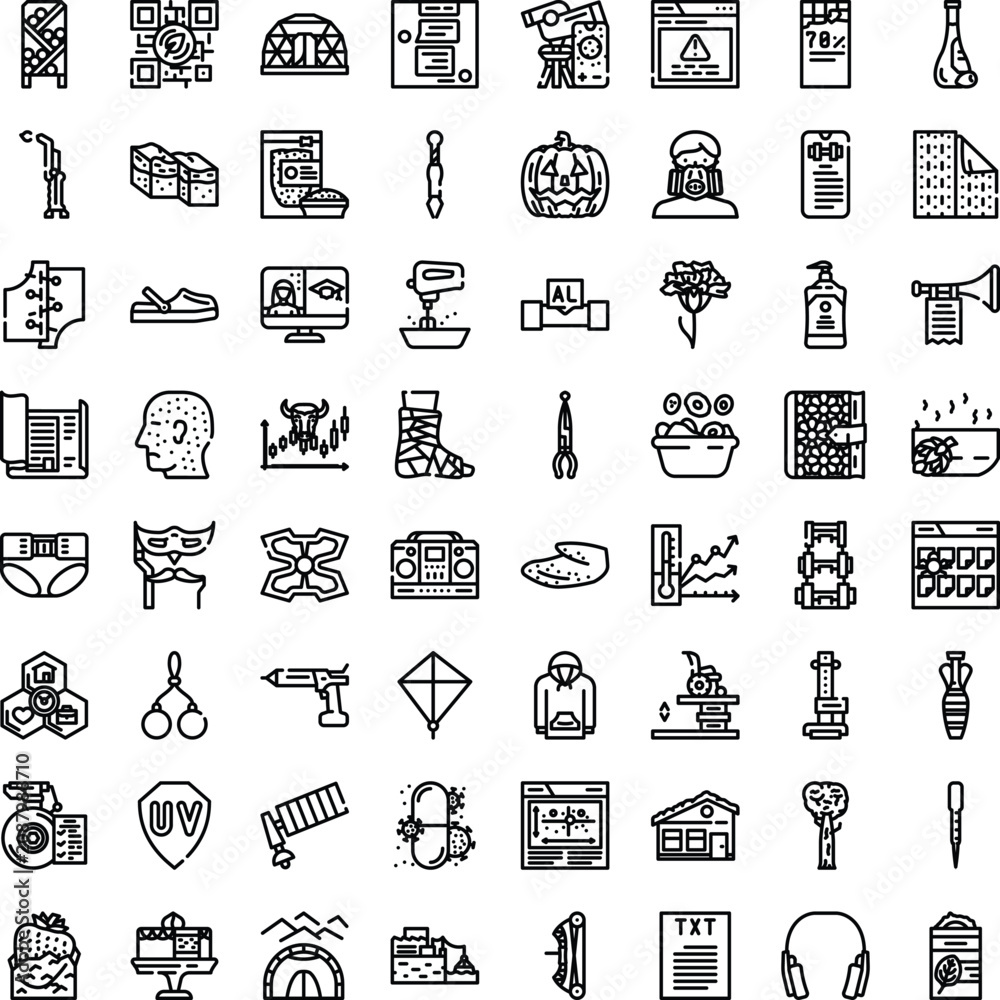 Fototapeta premium Black and white minimalist line art vector icons featuring a wide array of objects and concepts for web, interface design, business, and daily life applications