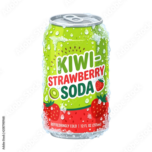 Summer cold kiwi strawberry soda can with ice and condensation