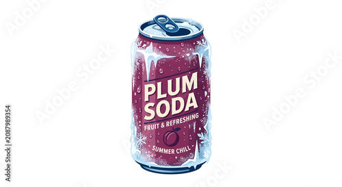 Summer refreshing plum soda can covered in frost and ice